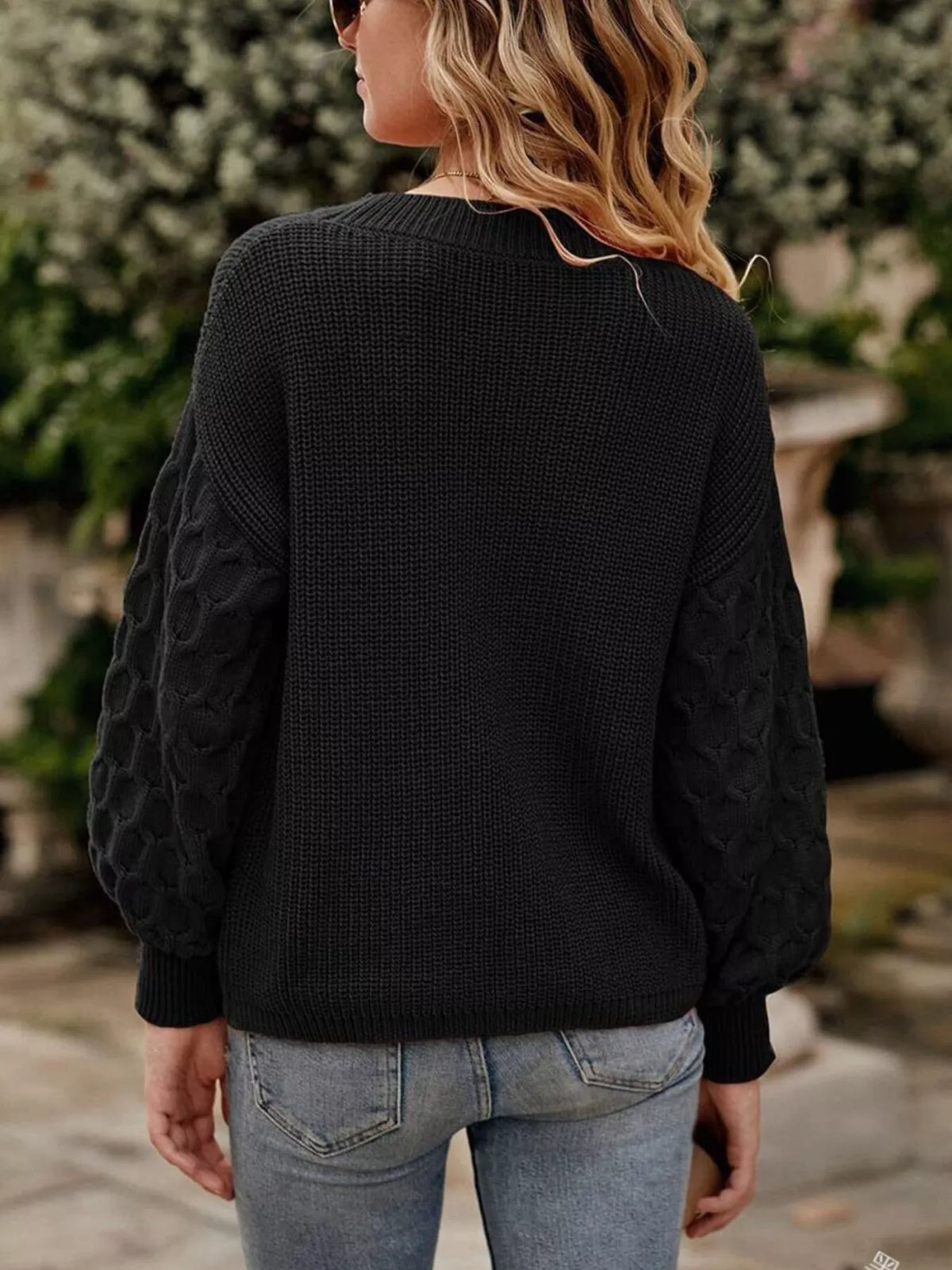 Textured Sleeve Round Neck Sweater