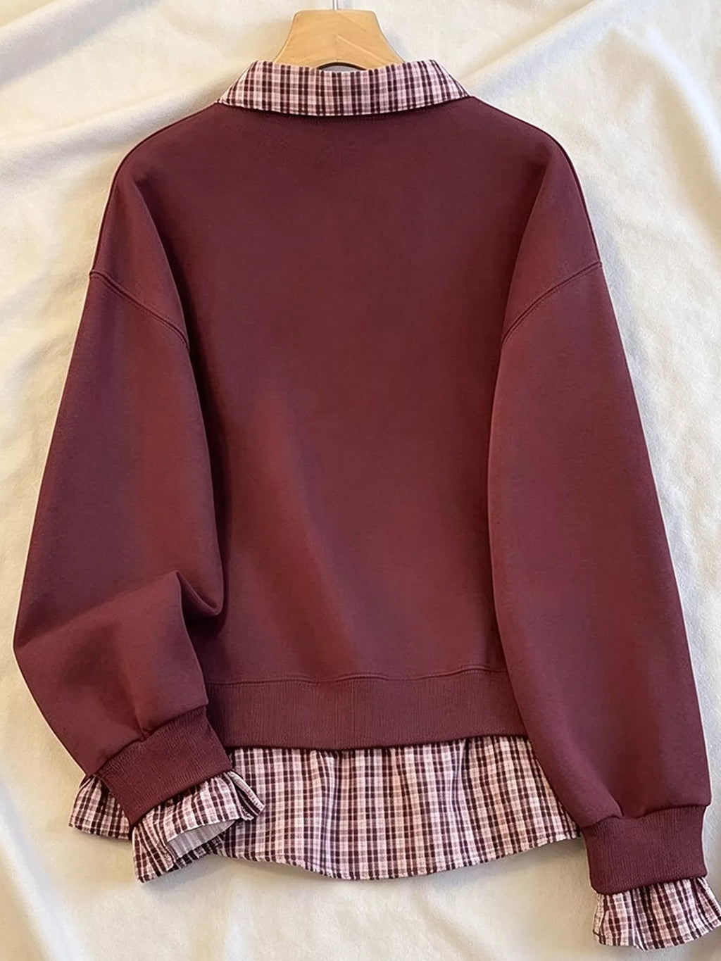 Plaid Collared Faux-Layered Hem Sweatshirt - Lilixa.store