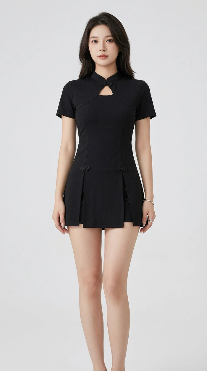 Cutout Short Sleeve Mini Dress in Black