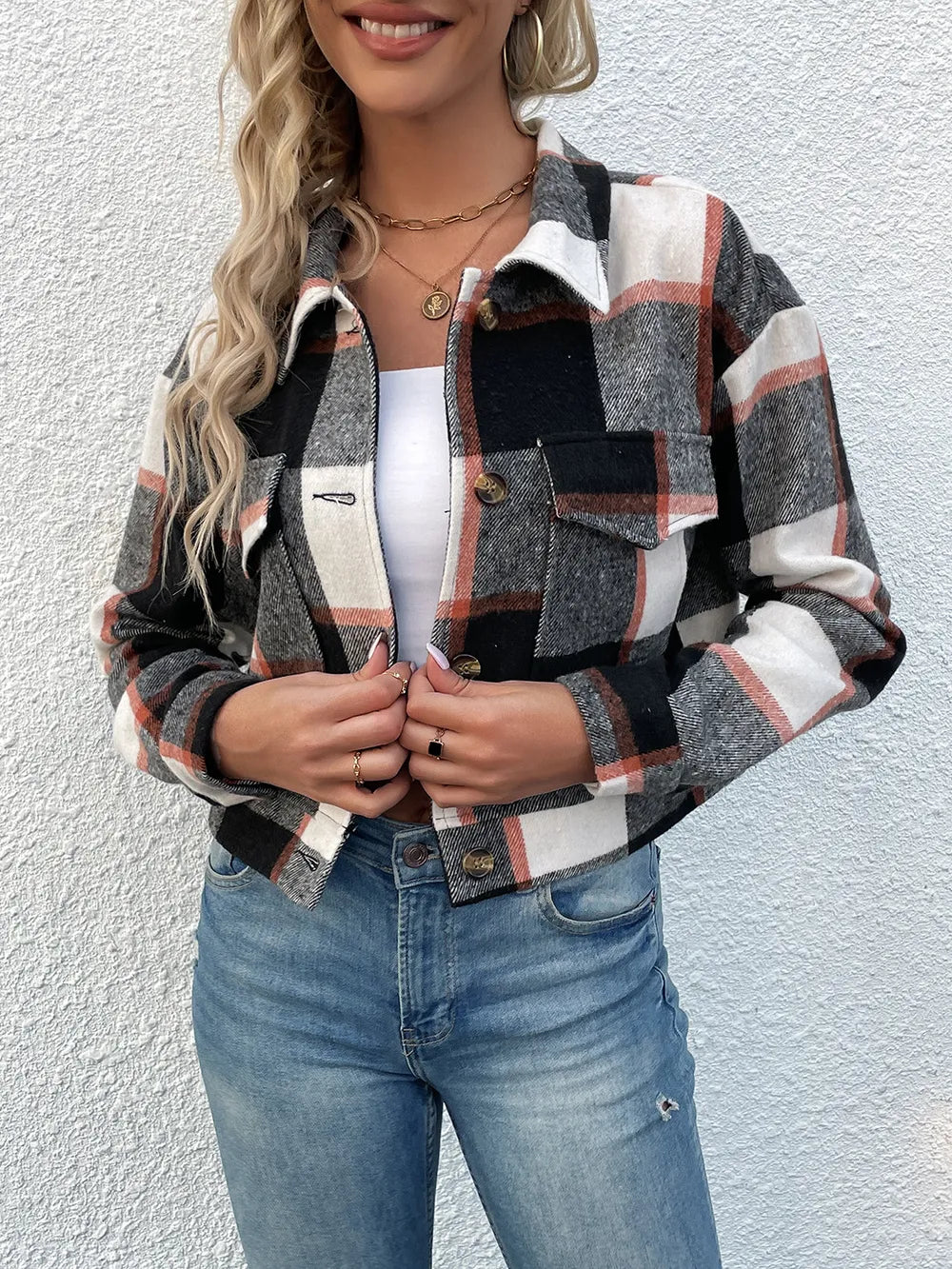 Perfee Plaid Button Up Drop Shoulder Cropped Jacket in Red