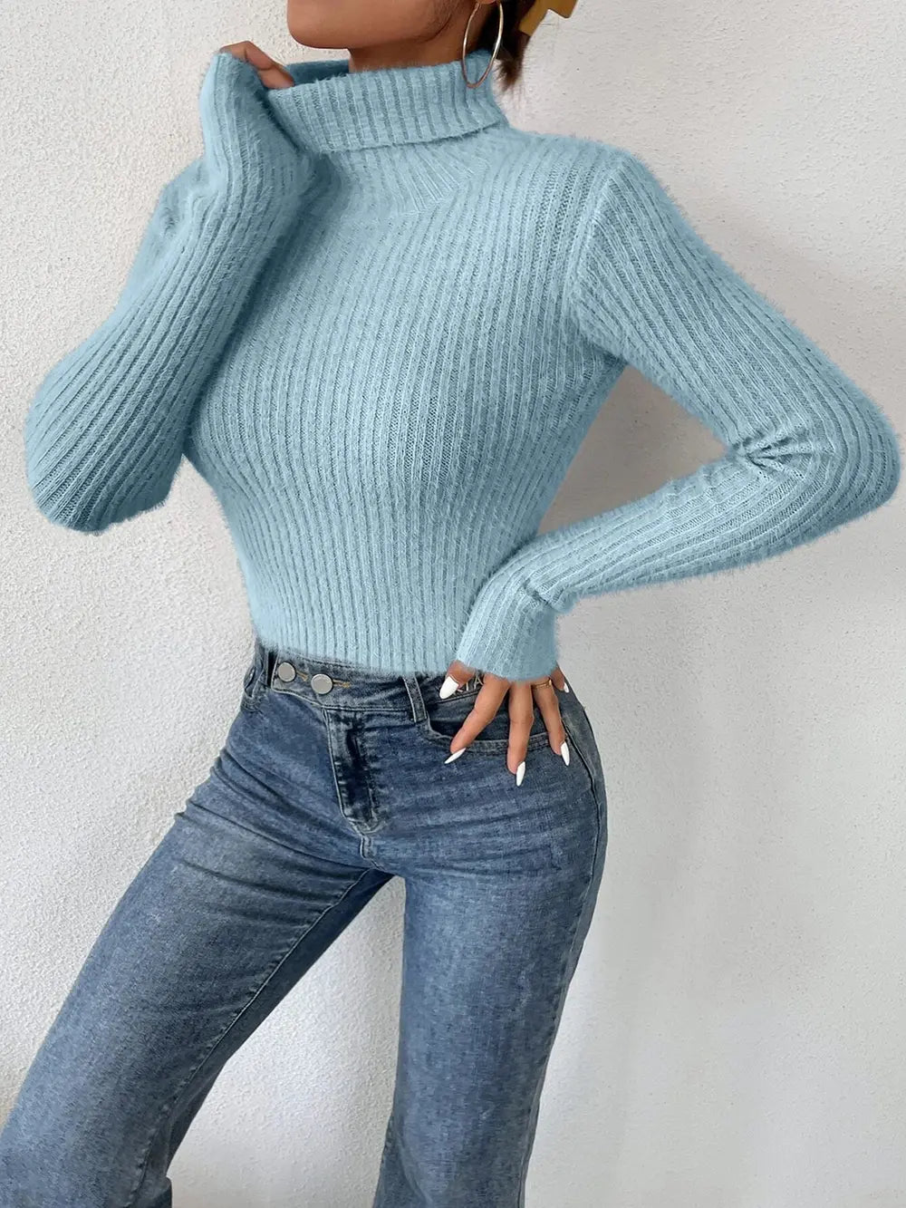 Ribbed Turtleneck Long Sleeve Sweater, view 14