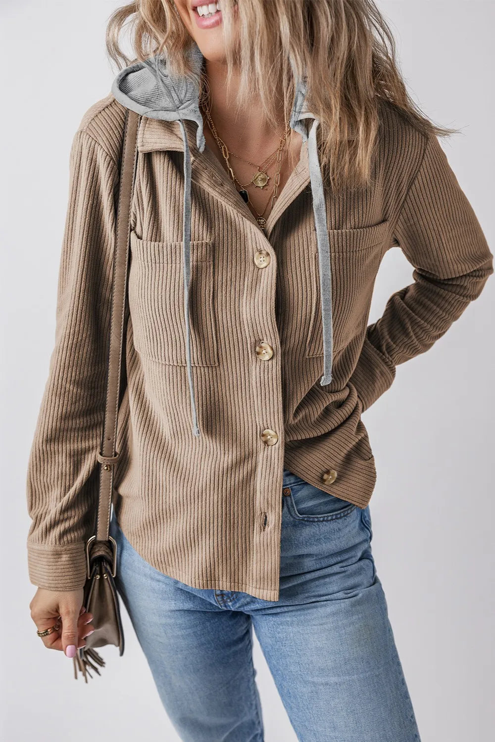 Drawstring Button Up Long Sleeve Hooded Jacket in Mocha
