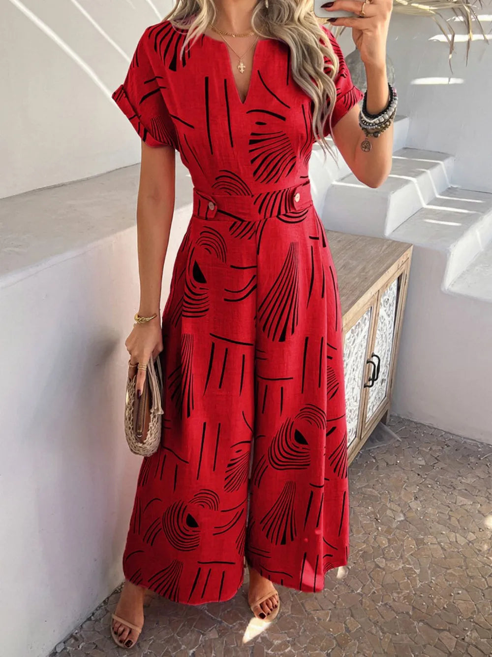 Devine Printed Notched Short Sleeve Wide Leg Jumpsuit - Lilixa.store