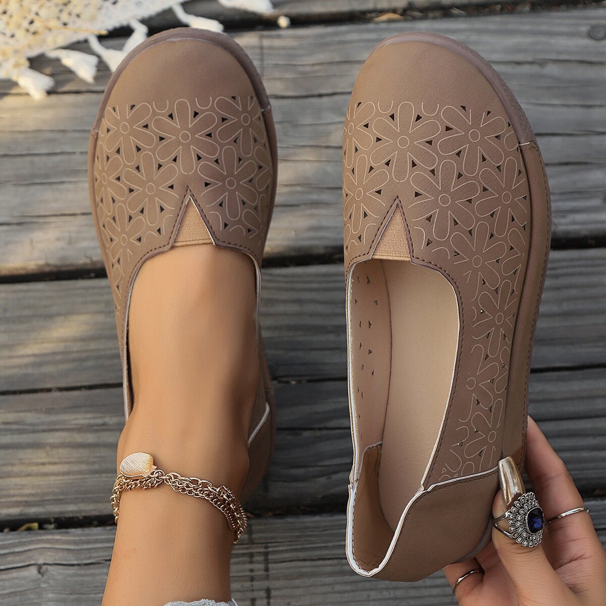 Hollow-Out Casual Loafers in Coffee