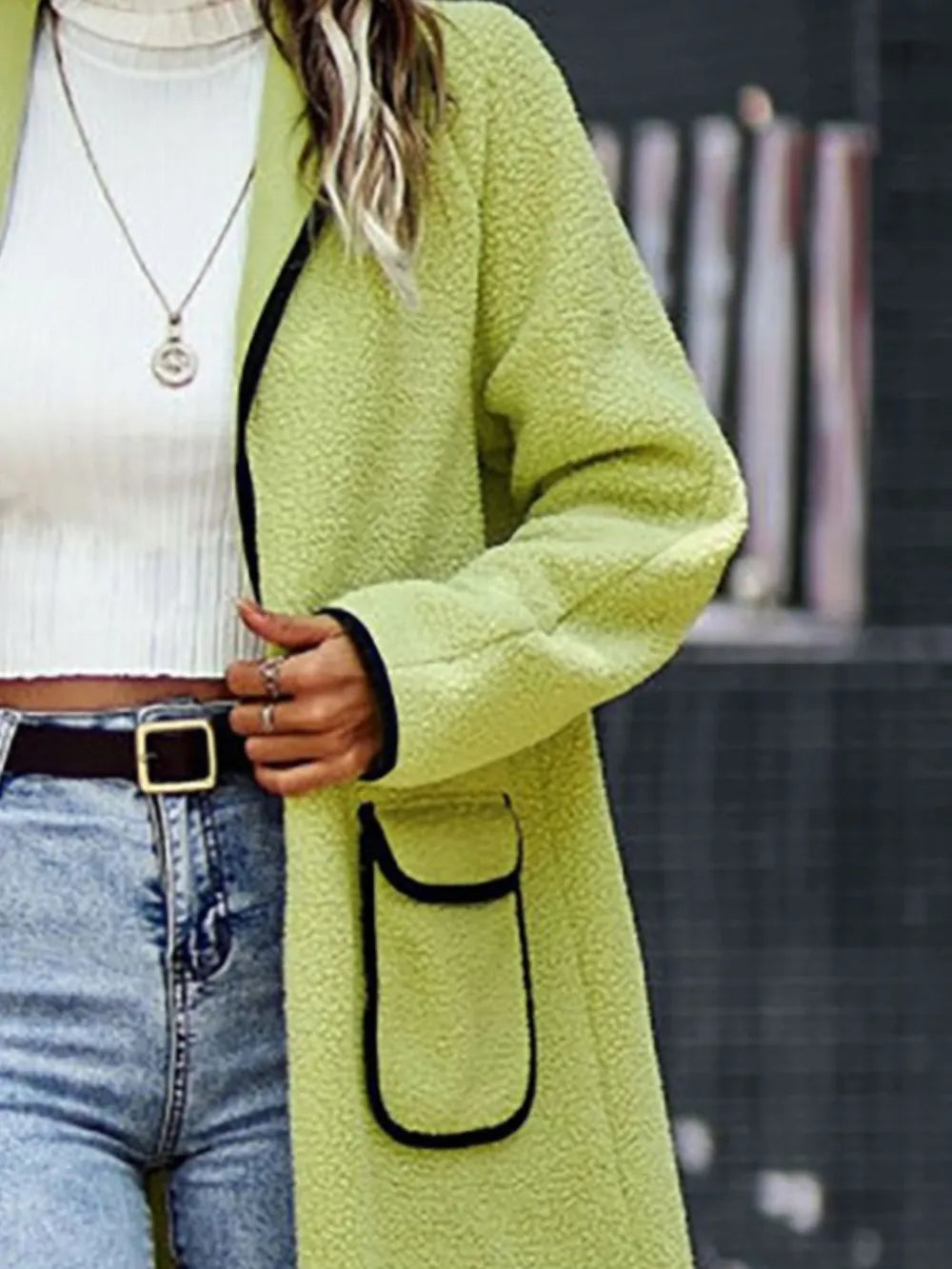 Full Size Contrast Trim Long Sleeve Coat with Pockets, view 10
