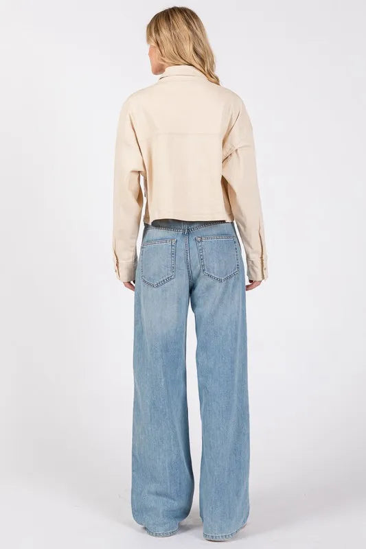 bytos Button Down Cropped Denim Jacket with Patch Pockets in Tan, view 2