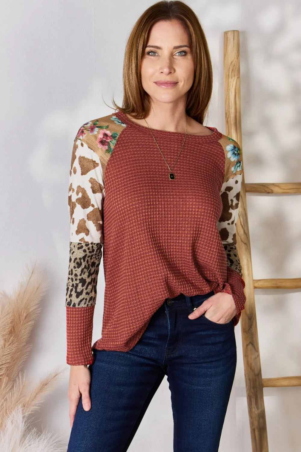 Hailey & Co Full Size Leopard Waffle-Knit Blouse - Lilixa.store