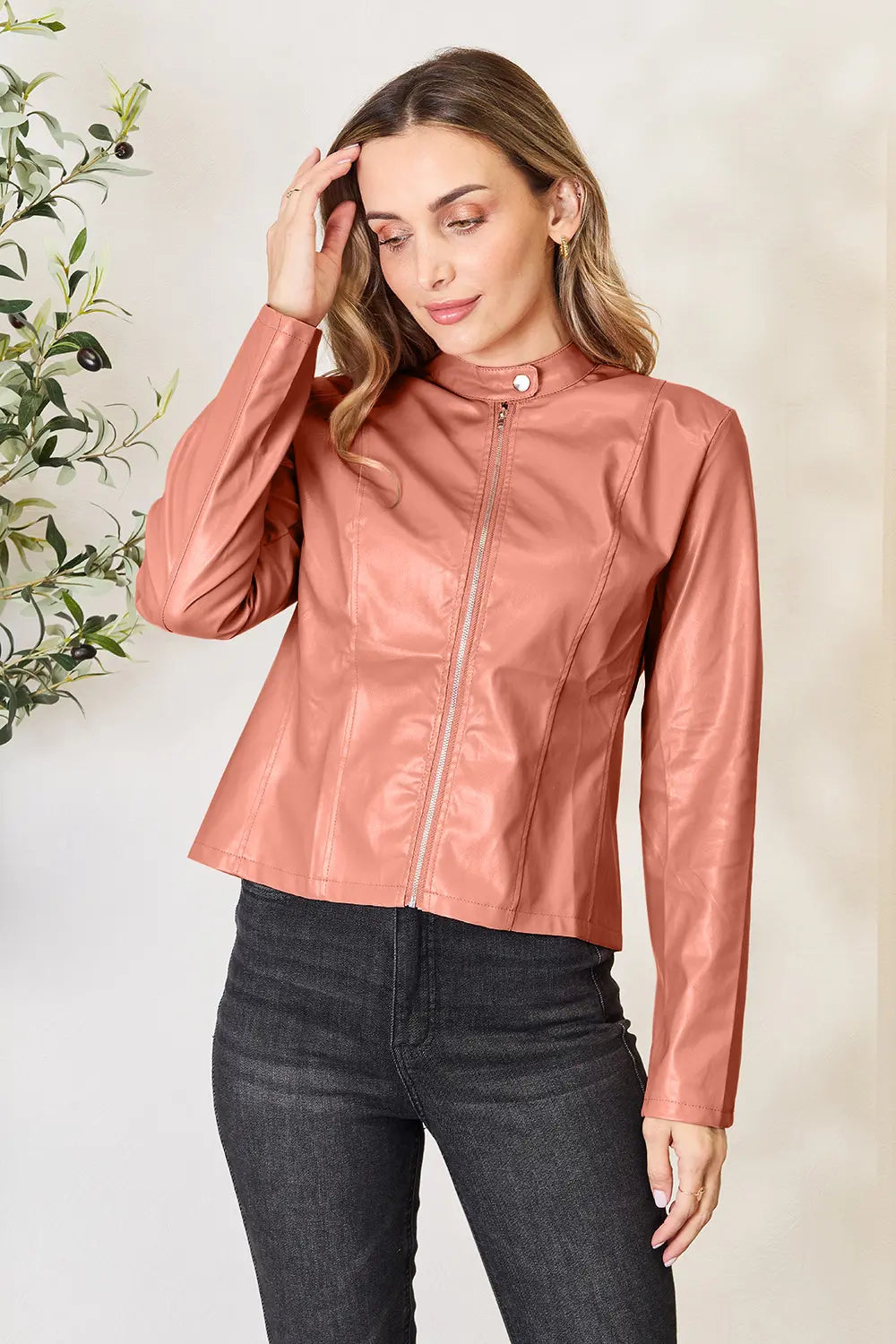 Mock Neck Zip Up Jacket in Burnt Coral