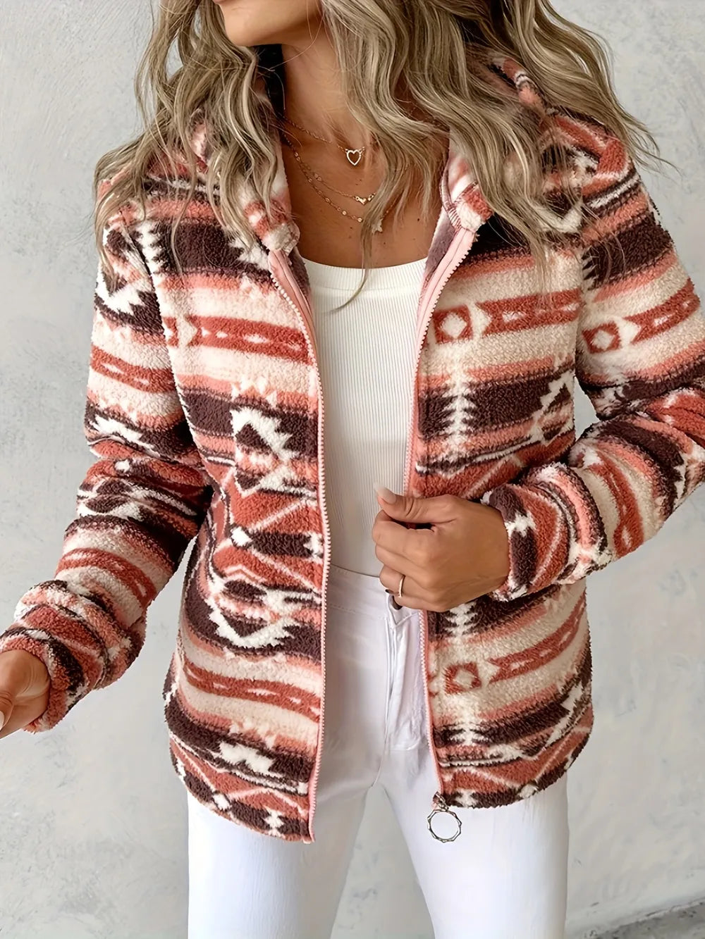 Geometric Zip Up Long Sleeve Hooded Jacket in Brown