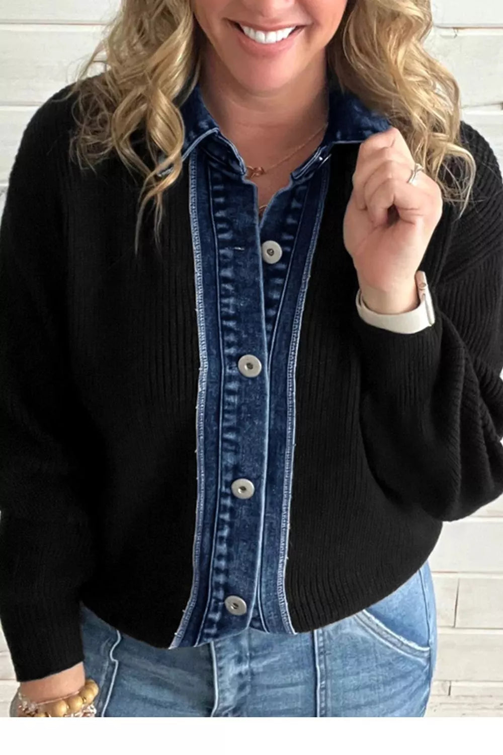 Denim Contrast Placket Long Sleeve Cardigan - Lilixa.store