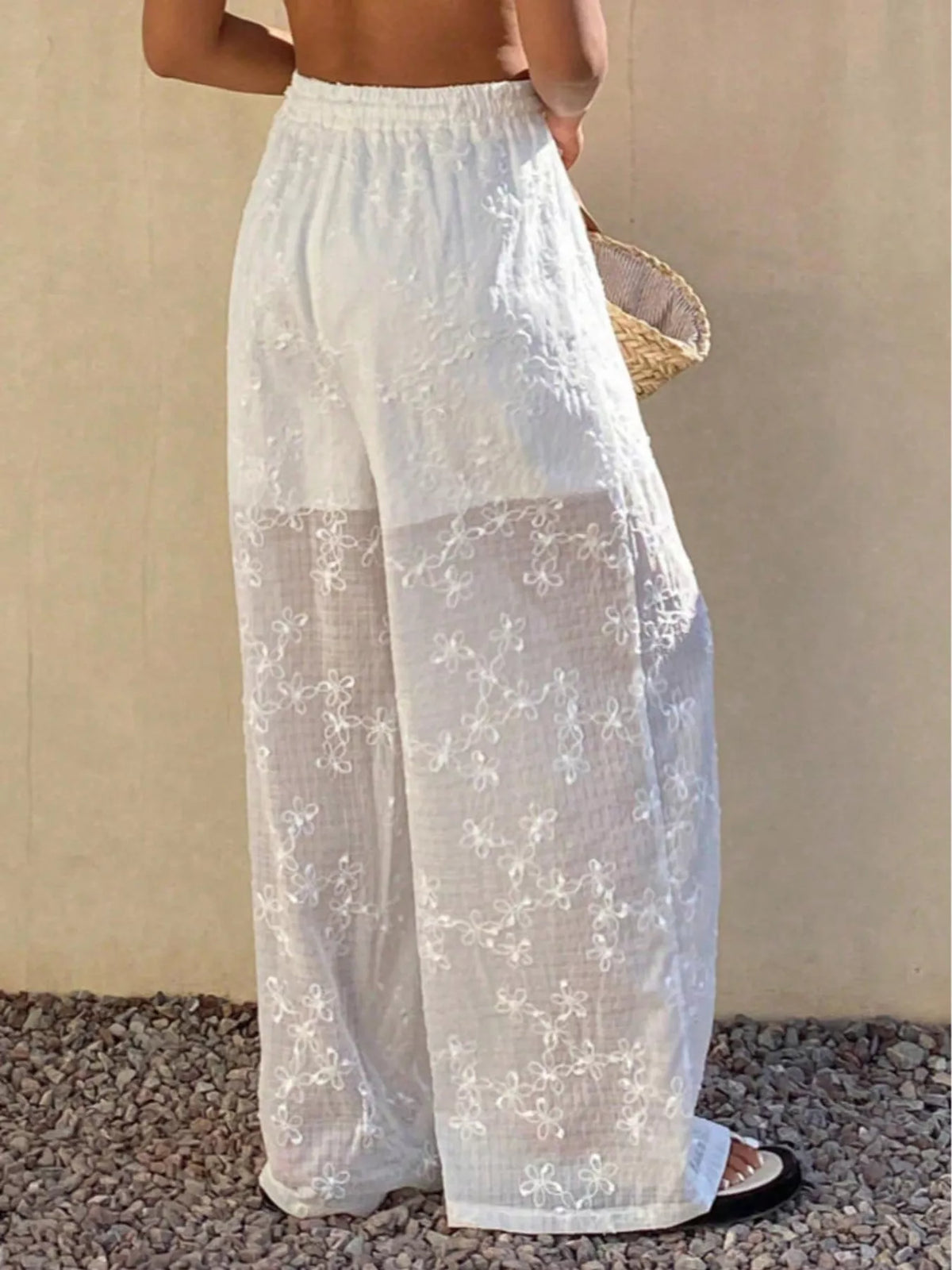 High-Waisted Sheer Floral Embroidered Wide-Leg Pants in White, view 5