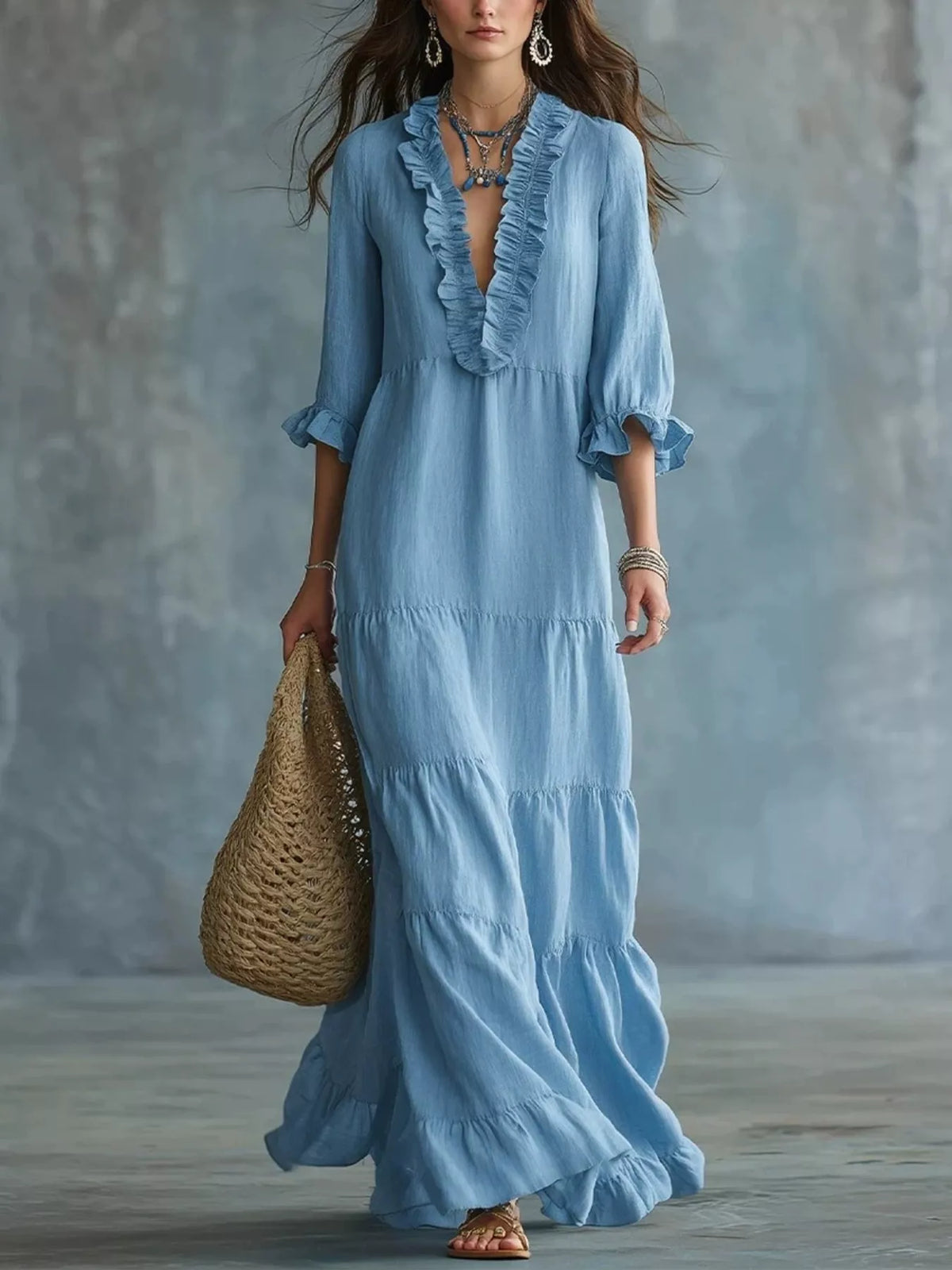 Ruffled V-Neck Tiered Maxi Dress