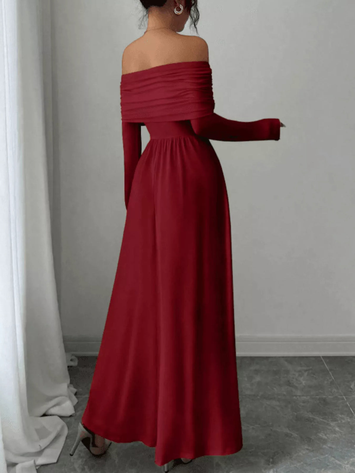 Off-Shoulder Long Sleeve Maxi Dress - Lilixa.store
