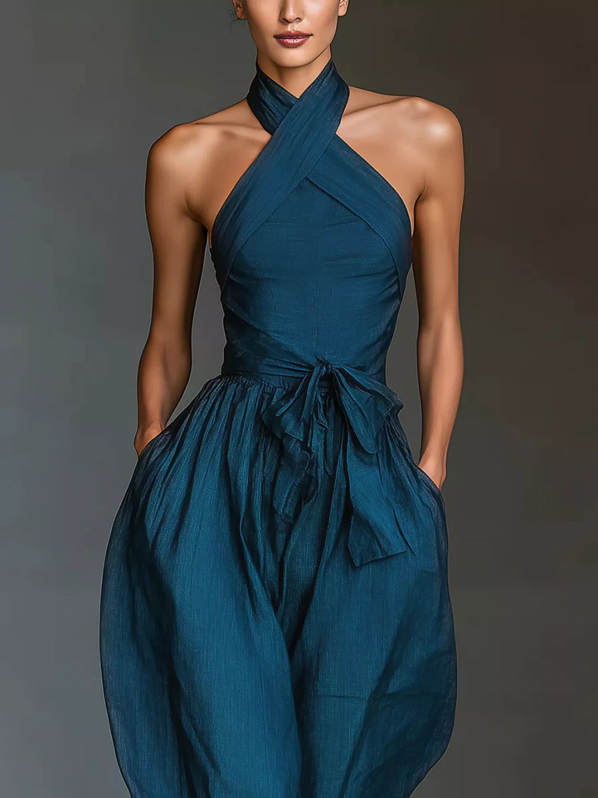 Halter Neck Wide-Leg Jumpsuit with Waist-Tie Detail