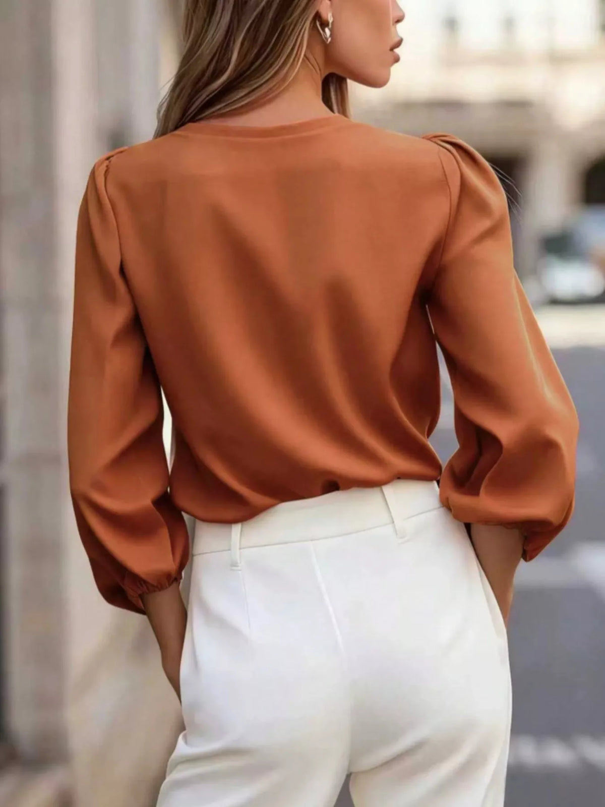 Elegant V-Neck Puff Sleeve Button-Down Shirt, view 2