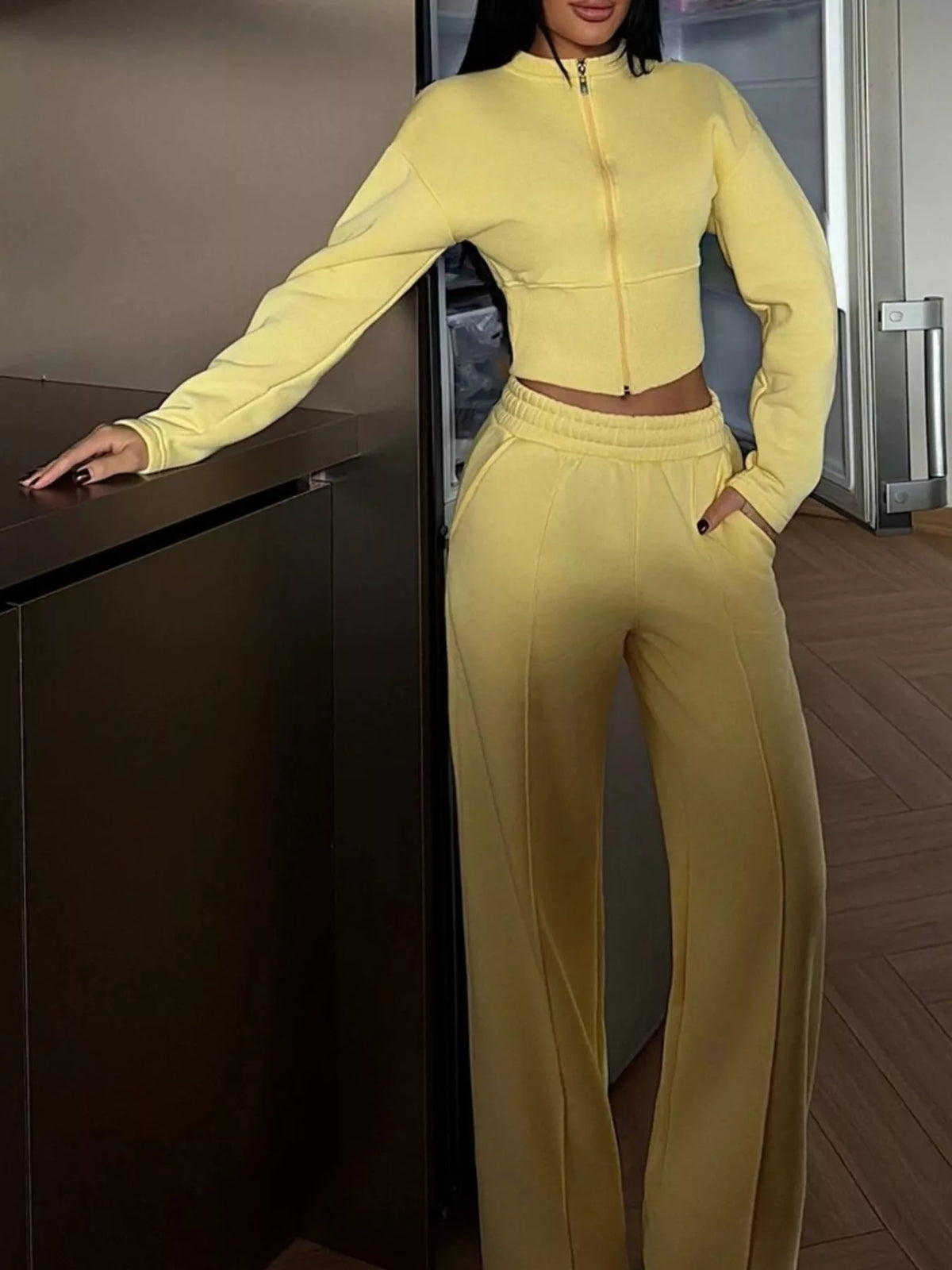 Zip-Up Crop Jacket and Wide-Leg Pants Set - Lilixa.store