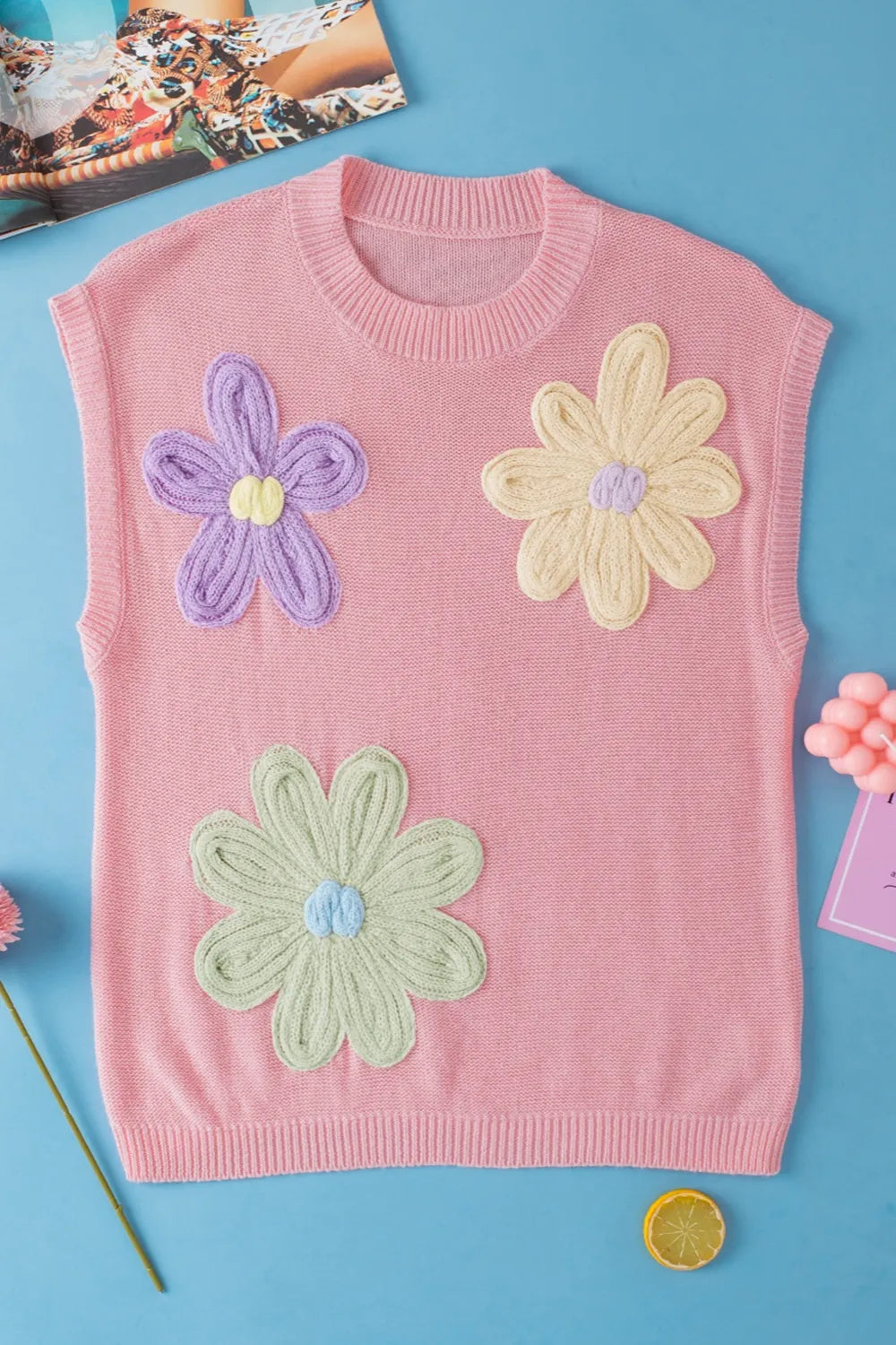 Crochet Flower Round Neck Sweater Vest in Dusty Pink