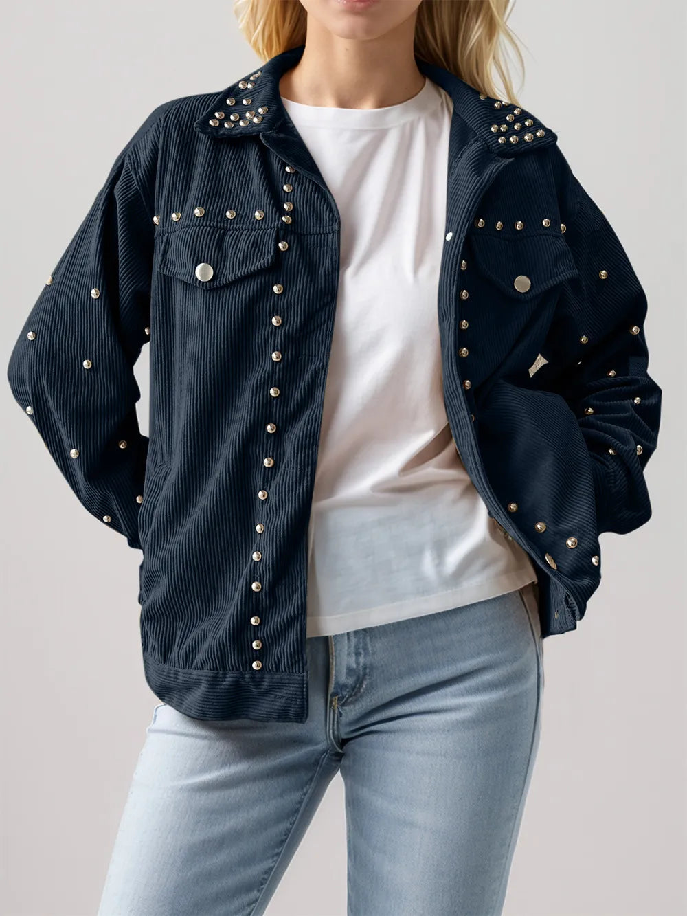 Studded Collared Neck Button Up Jacket - Lilixa.store