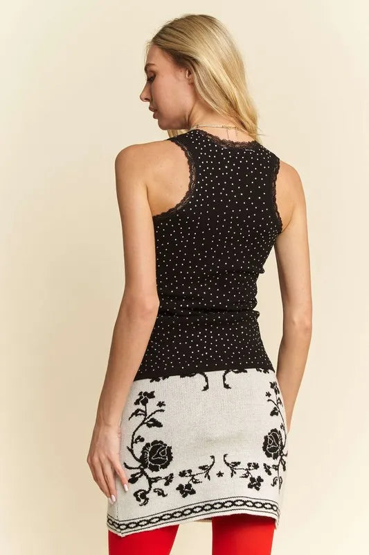 Davi & Dani Rhinestone Lace Trim Detail Tank - Lilixa.store