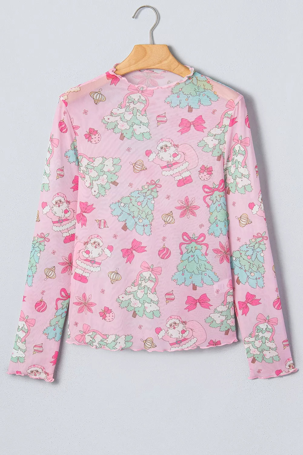 Christmas Print Sheer Mesh Slim Fit Long Sleeve Top in Dusty Pink, view 3