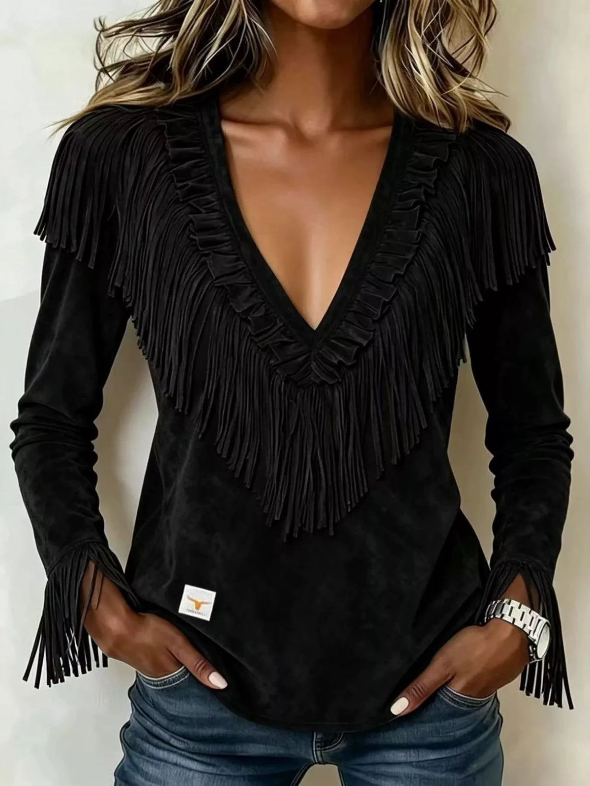 Fringed V-Neck Blouse