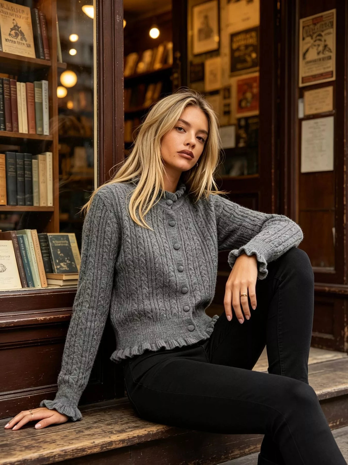 Cable-Knit Ruffle-Trim Cardigan, view 9