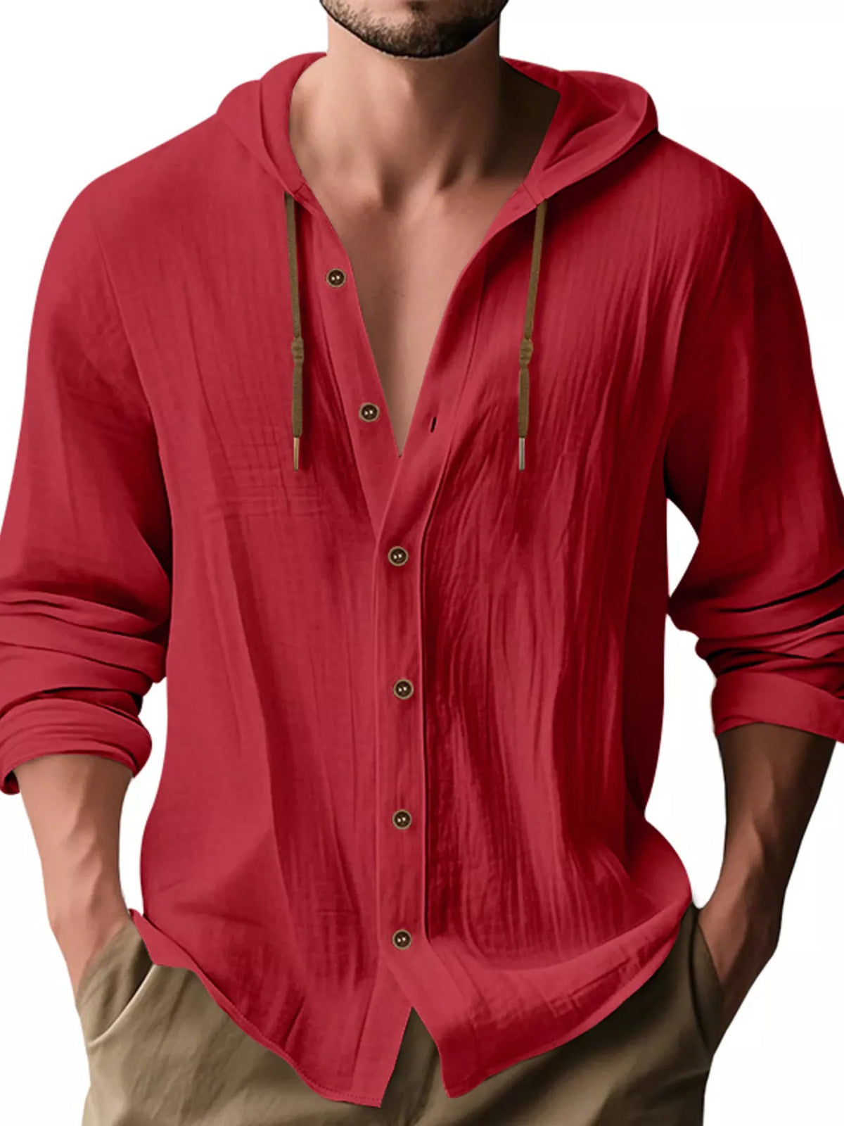 Men's Full Size Drawstring Button Up Hooded Shirt Plus Size - Lilixa.store