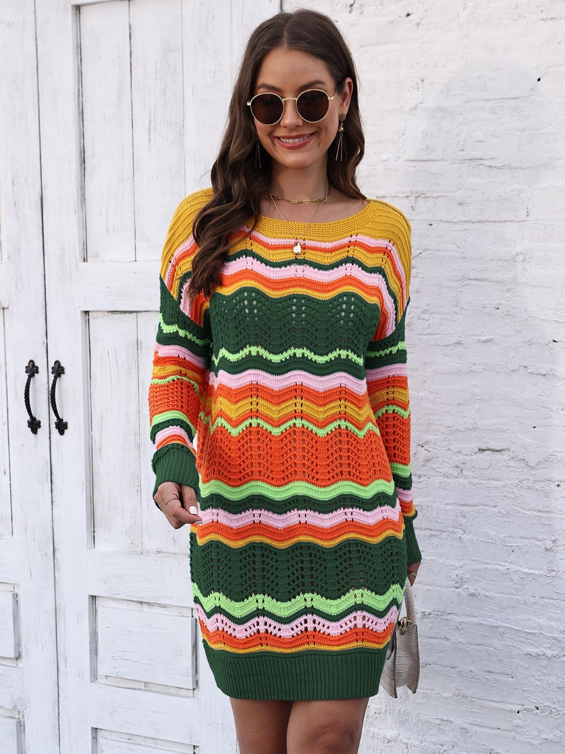 Openwork Round Neck Sweater Dress, view 5
