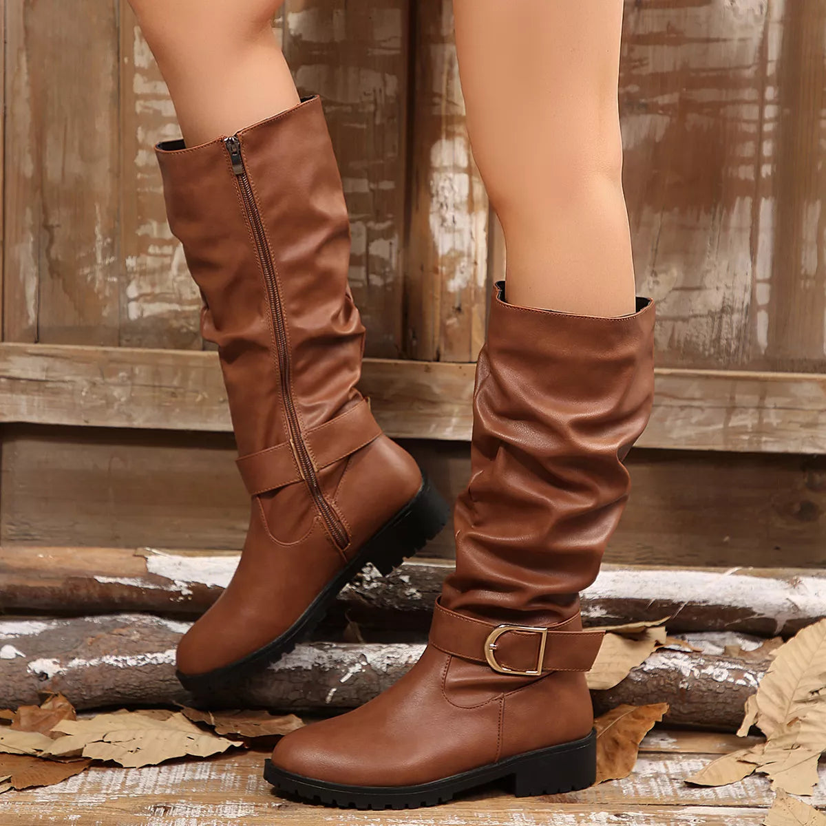 Slouchy Mid-Calf Boots with Buckle Detail