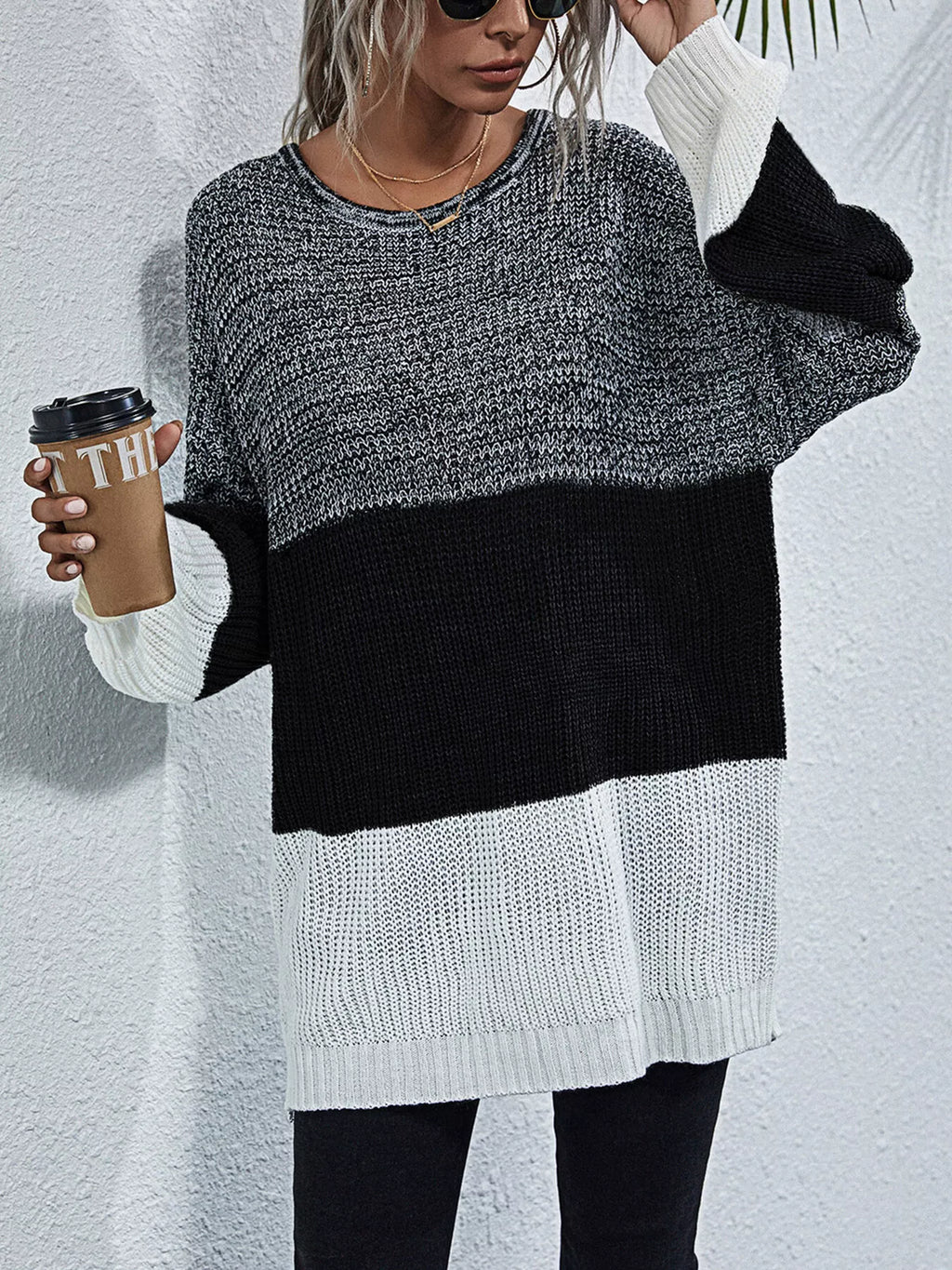 Color Block Round Neck Oversized Sweater - Lilixa.store