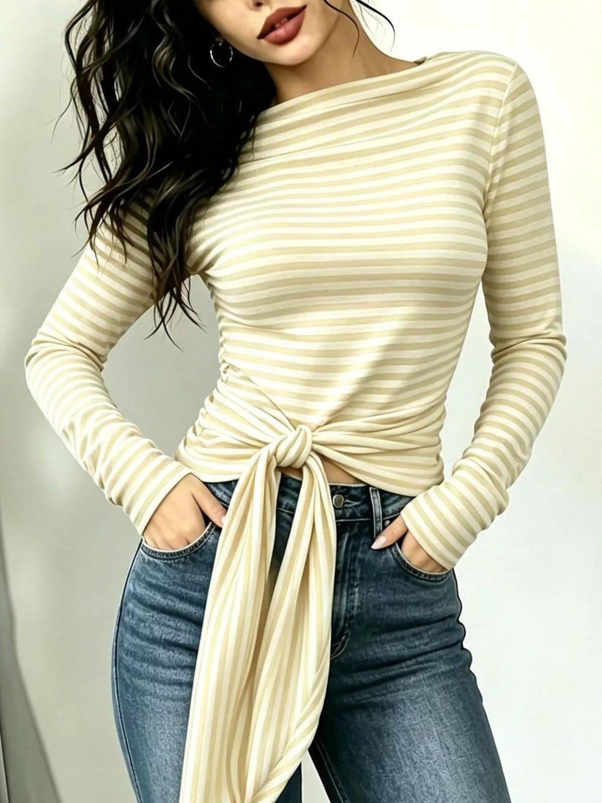 Long Sleeve Striped T-Shirt with Front Tie Detail - Lilixa.store