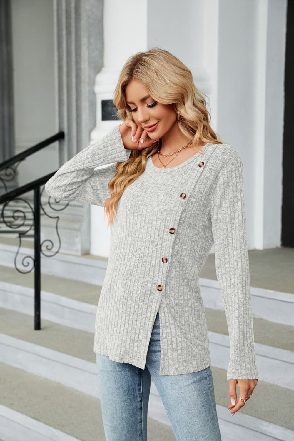 Buttoned Long Sleeve Slit Top, view 5