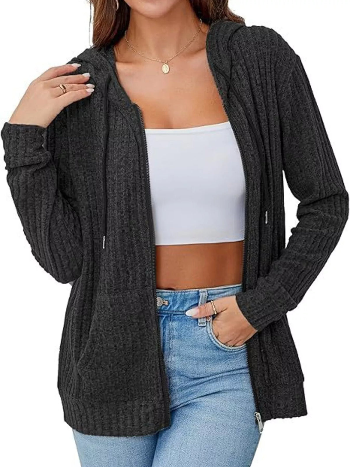 Ribbed Zip Up Hooded Outerwear - Lilixa.store