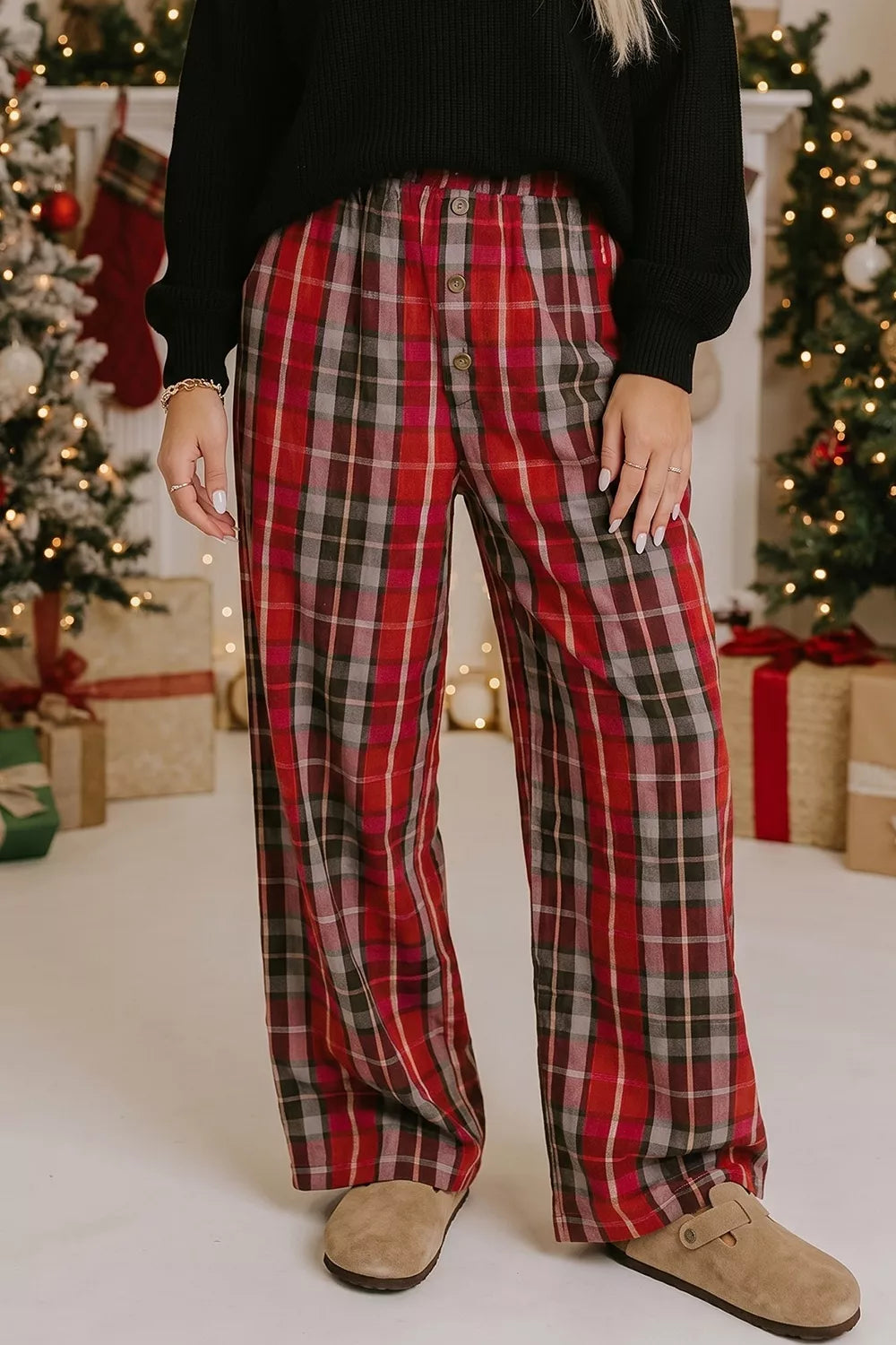 Plaid Elastic Waist Pocket Regular Full-Length Pants