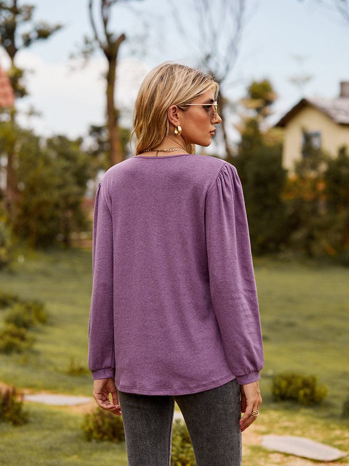 Puff Sleeve Ruffle Trim Blouse - Lilixa.store
