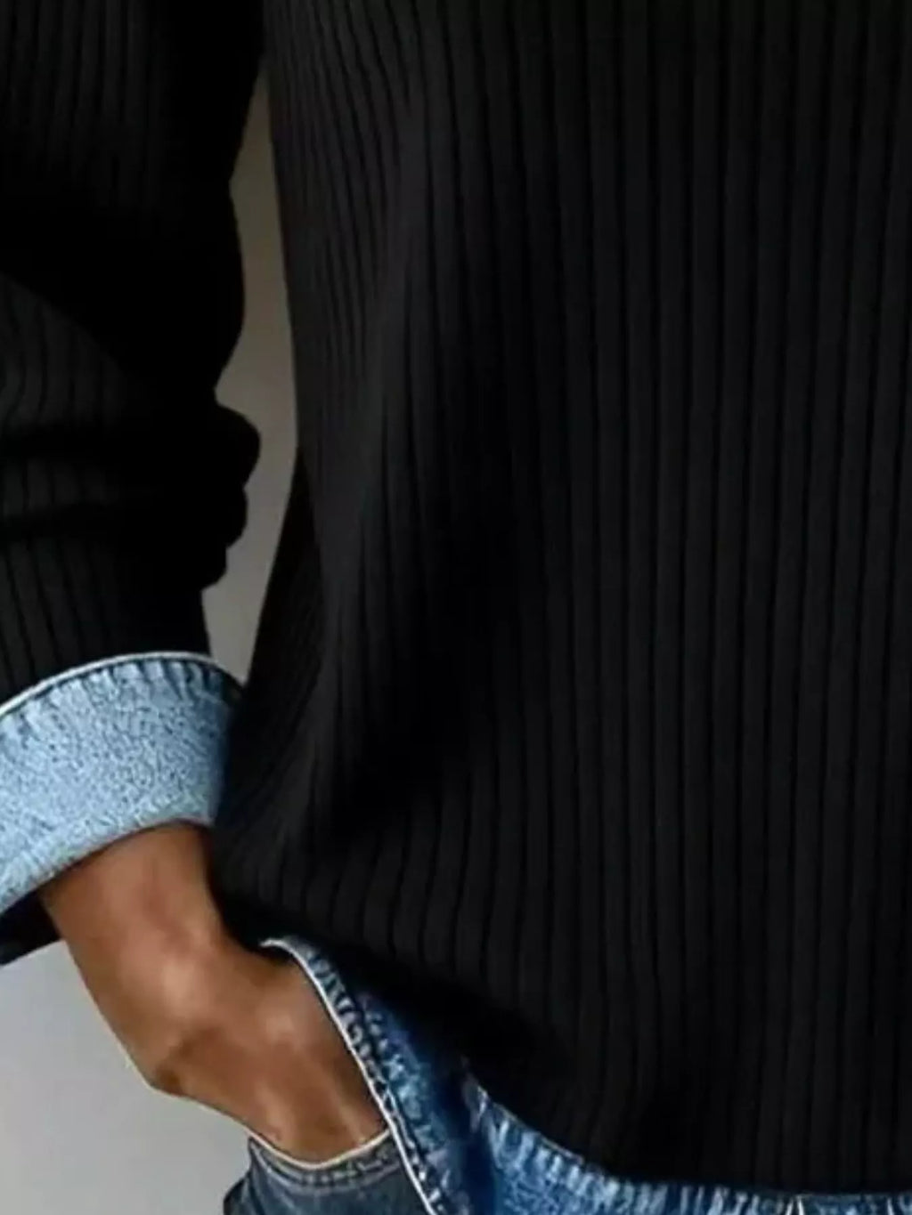 Denim Collar Ribbed Knit Top, view 2