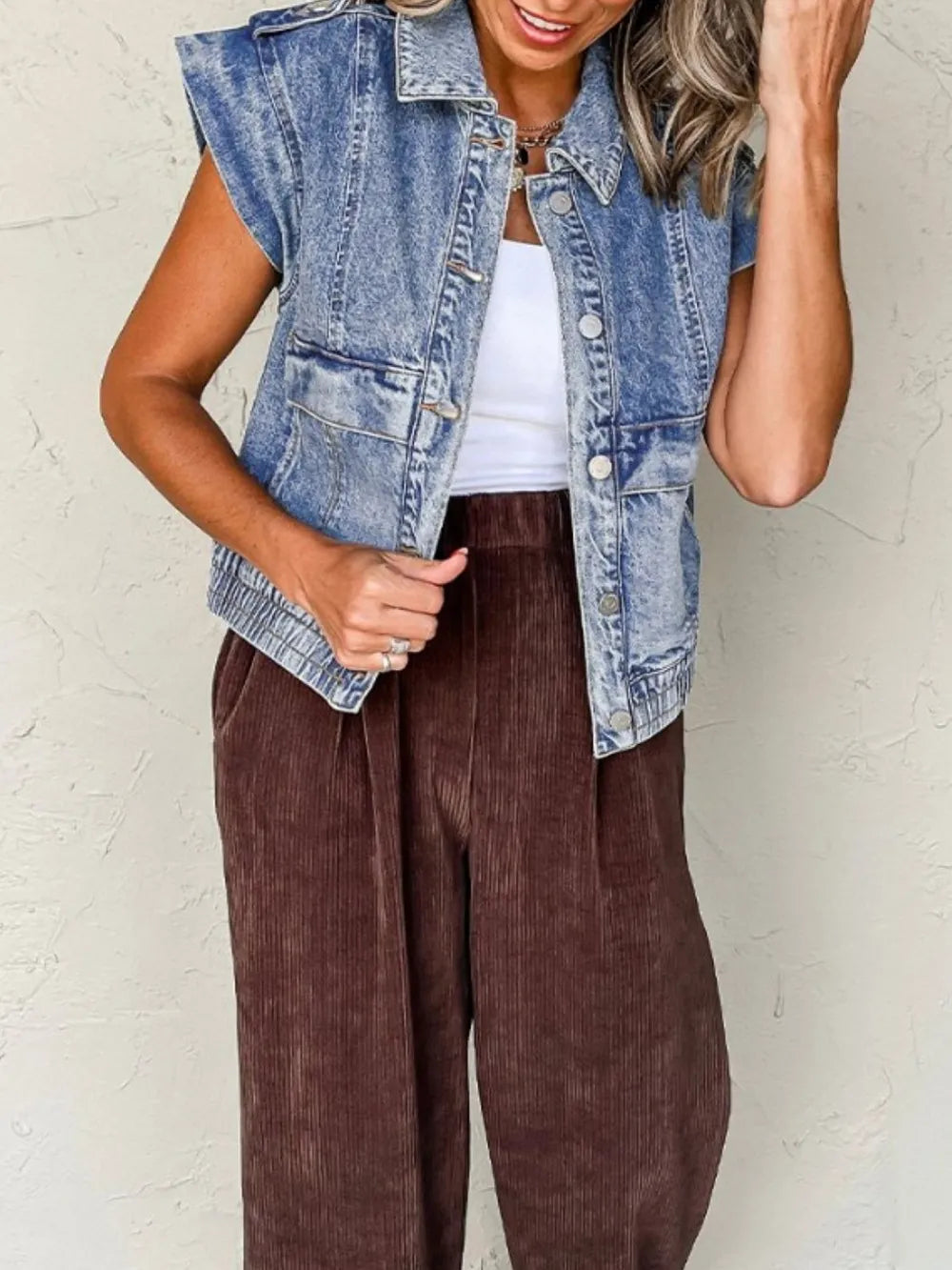 Button Up Cap Sleeve Denim Jacket, view 3