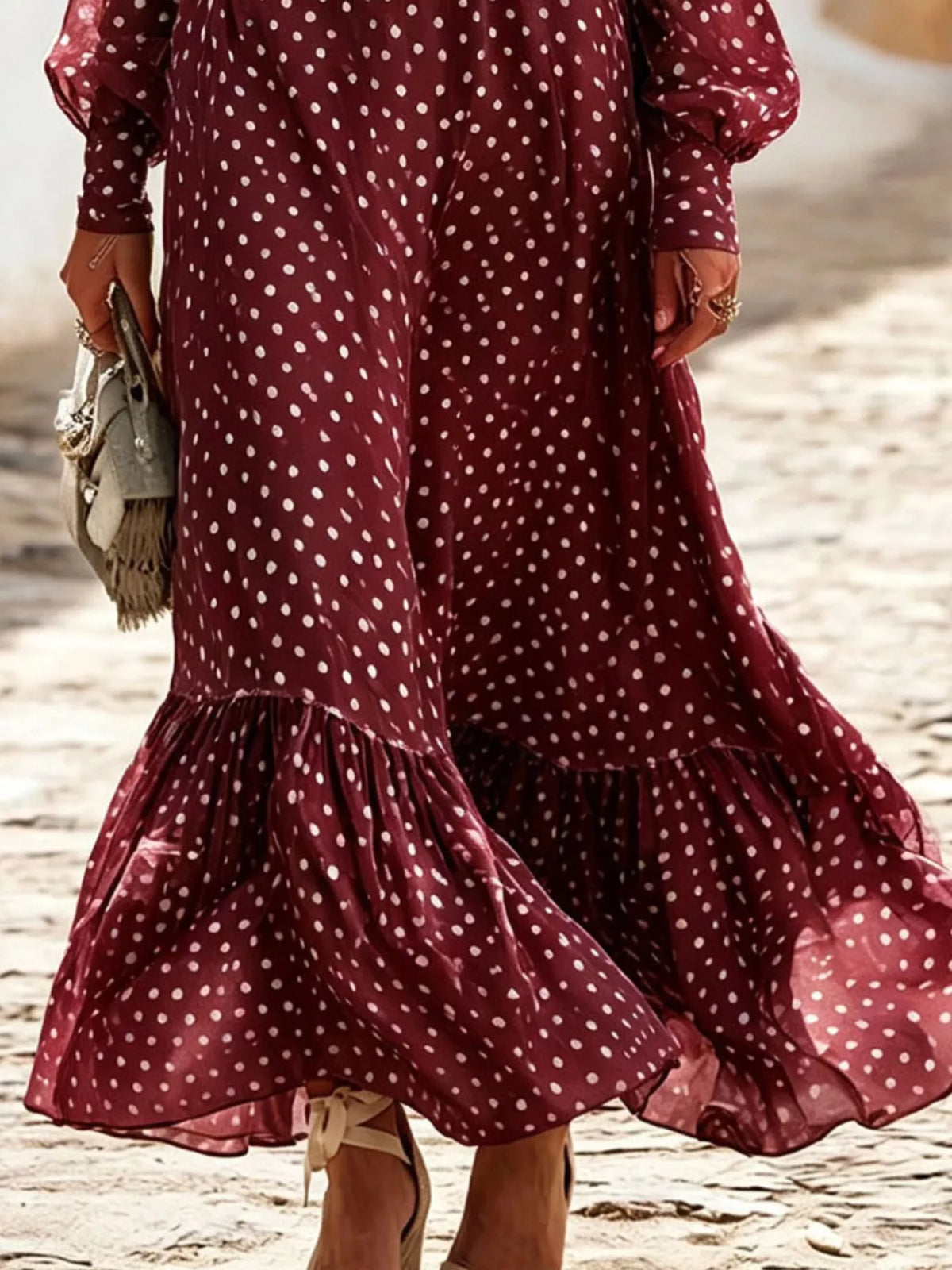Full Size Polka Dot Ruffle V-Neck Maxi Dress Plus Size - Lilixa.store