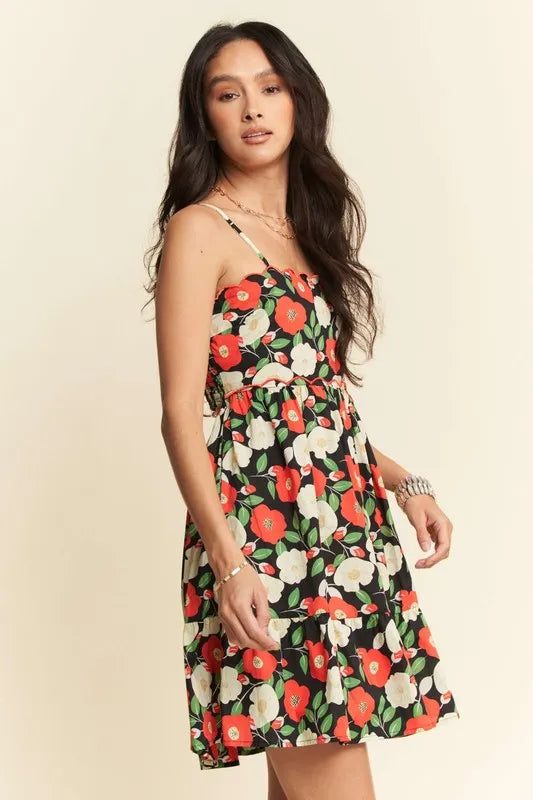 Davi & Dani Floral Scalloped Cutout Back Mini Dress - Lilixa.store