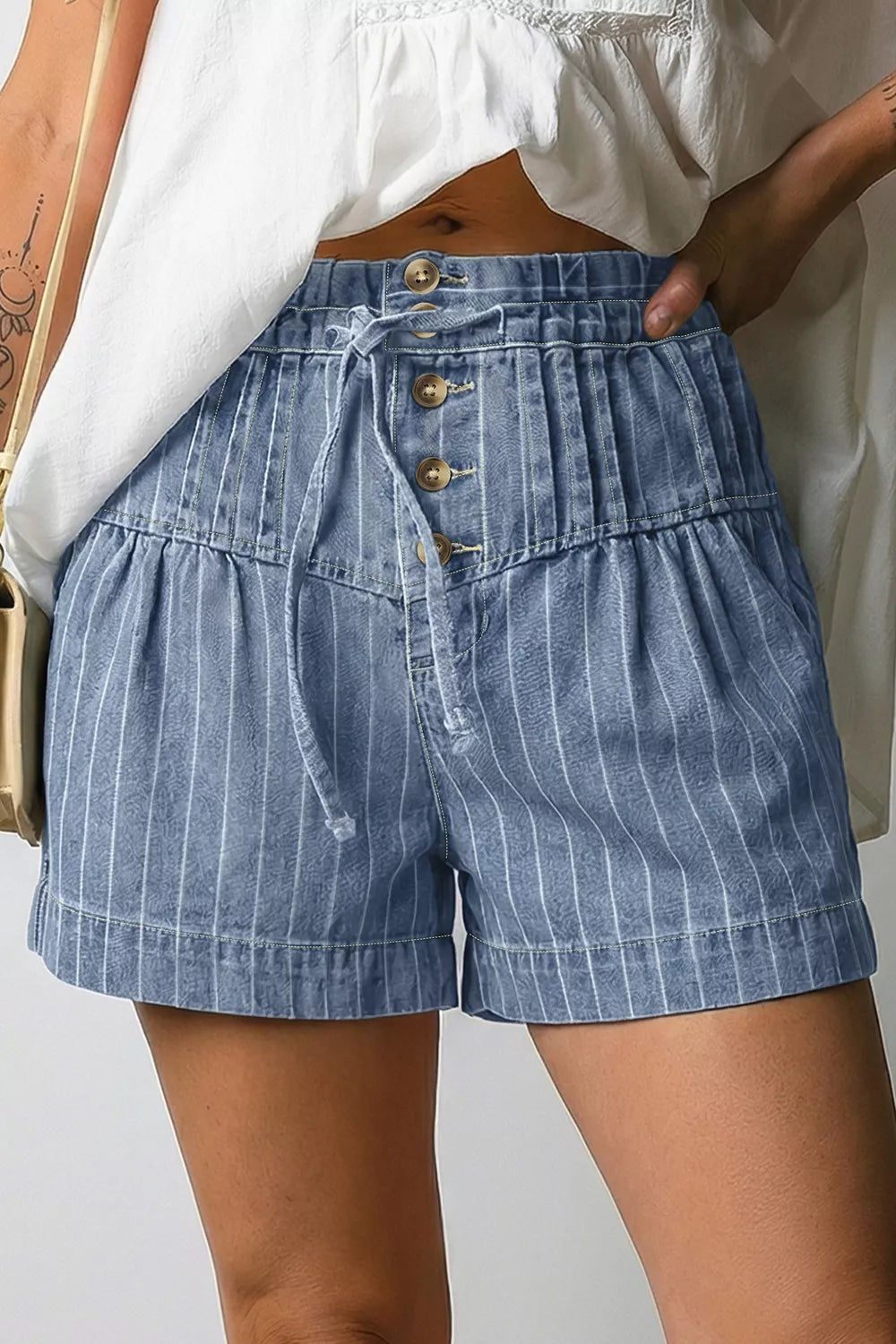Striped High-Waisted Denim Shorts - Lilixa.store
