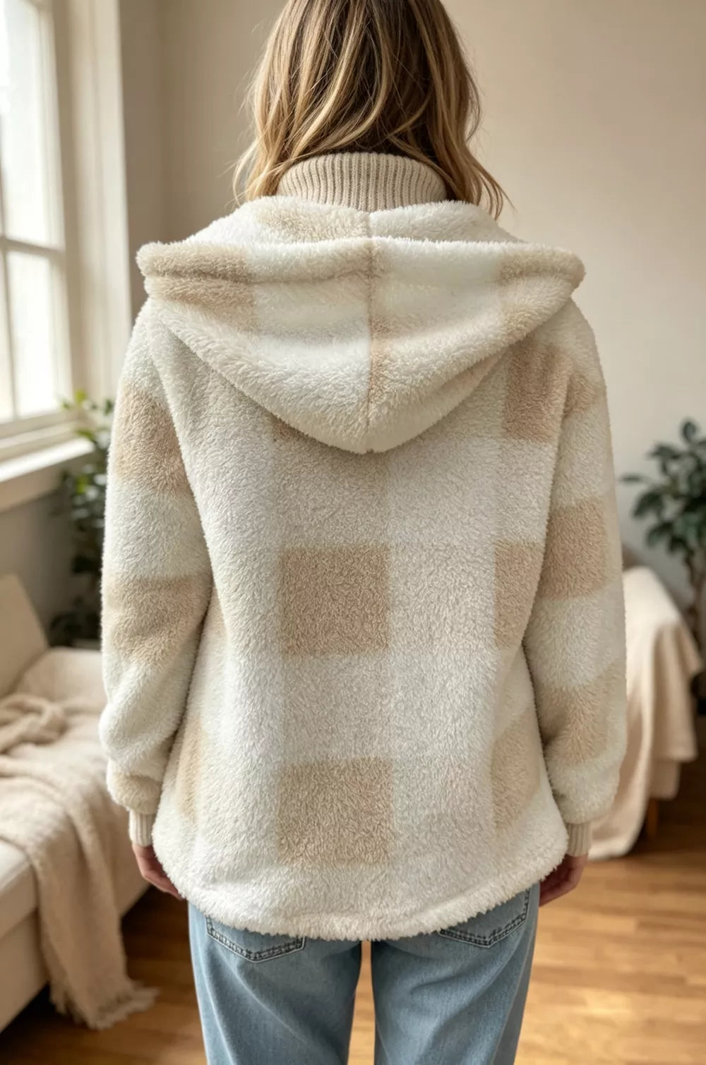 Double Take Full Size Check Fuzzy Sherpa Hooded Zip Up Teddy Winter Coat with Pockets Plus Size - Lilixa.store