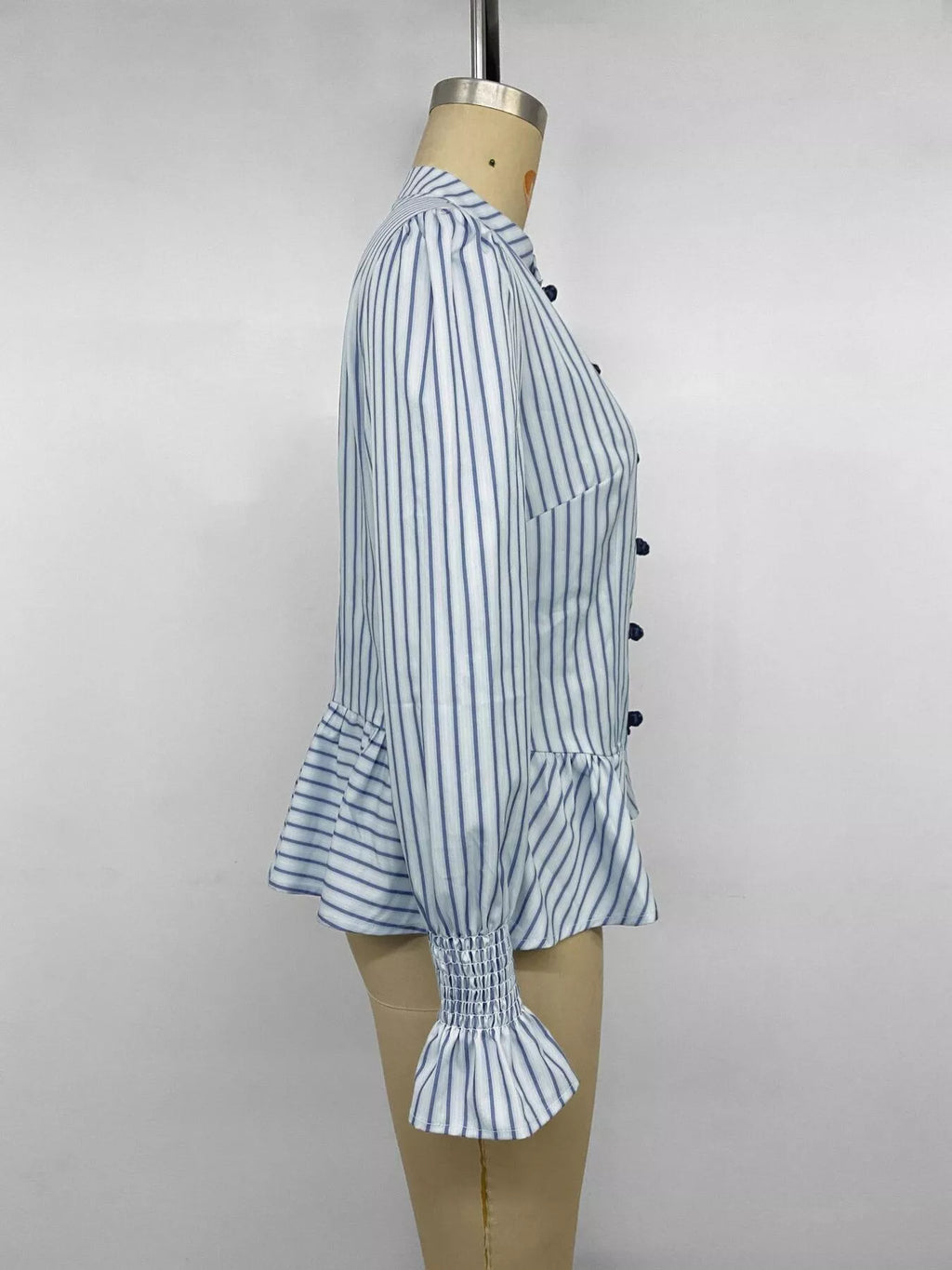 Striped Mandarin Knot Buttons Peplum Hem Shirt - Lilixa.store