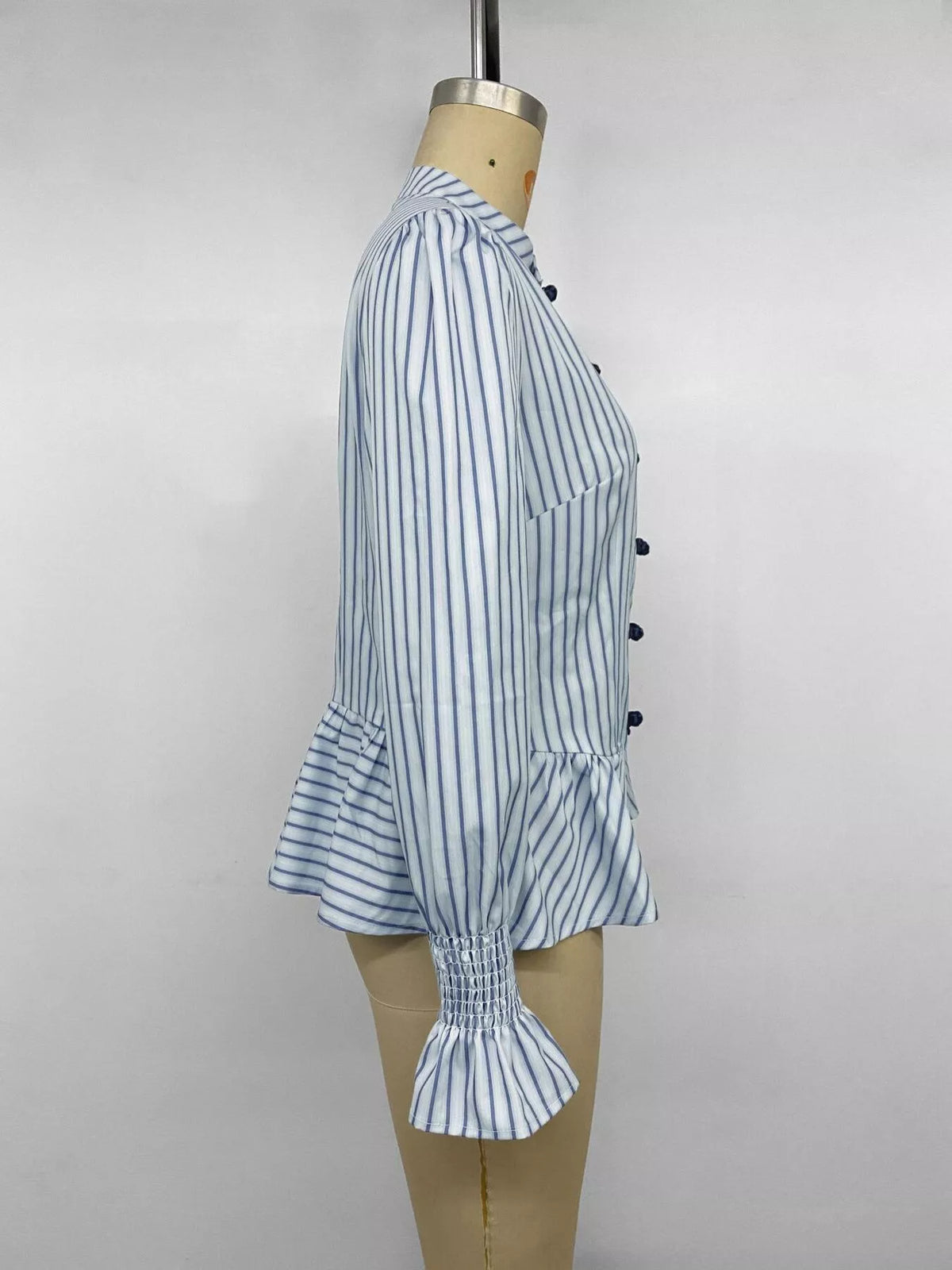 Striped Mandarin Knot Buttons Peplum Hem Shirt - Lilixa.store