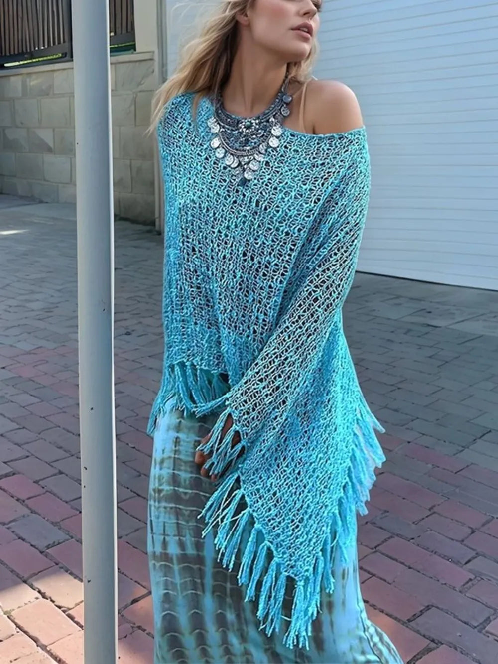 Tassel Boat Neck Knit Shawl - Lilixa.store
