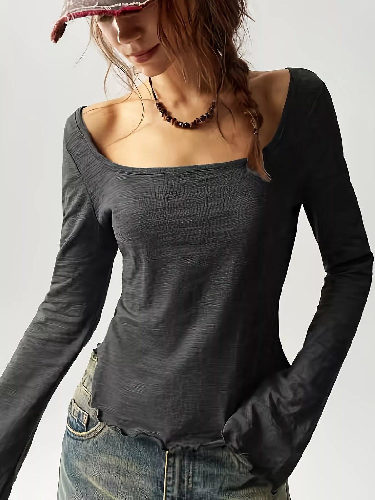 Long Sleeve Square Neck Slim-Fit T-Shirt - Lilixa.store