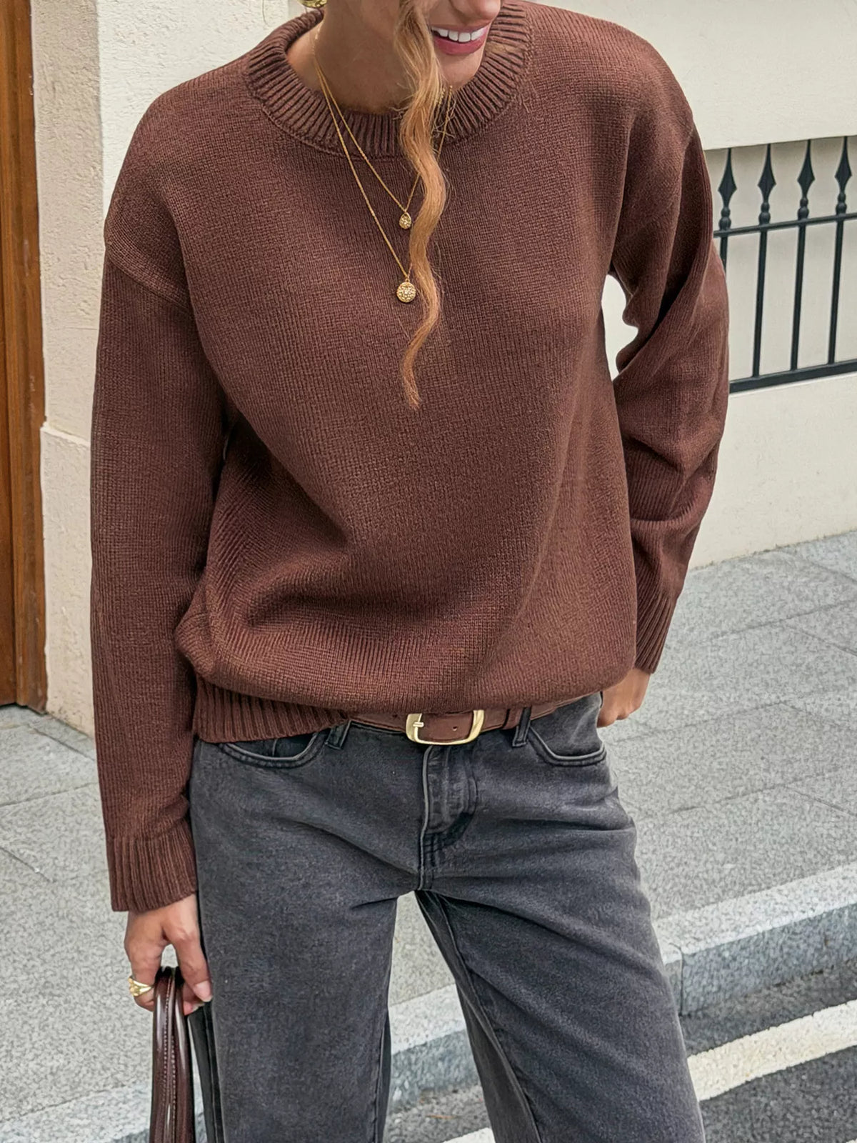 Crew Neck Ribbed Hem Sweater - Lilixa.store