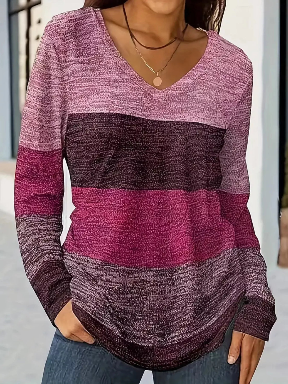 V-Neck Color Block Long Sleeve Casual T-Shirt - Lilixa.store