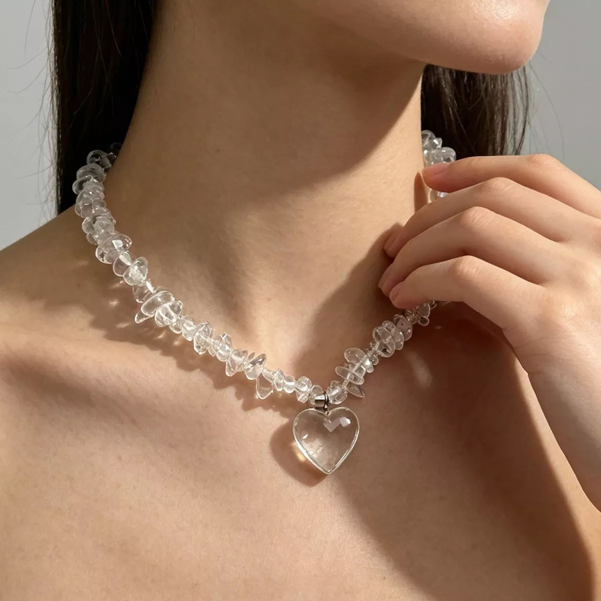 Clear Crystal Heart Pendant Necklace in Transparent, view 2