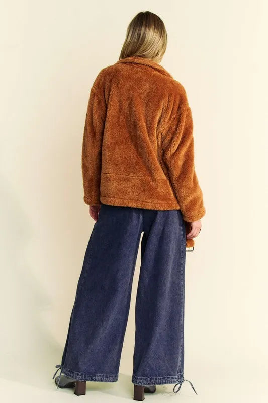 Davi & Dani Fuzzy Zip Up Collared Neck Jacket in Brown, view 7