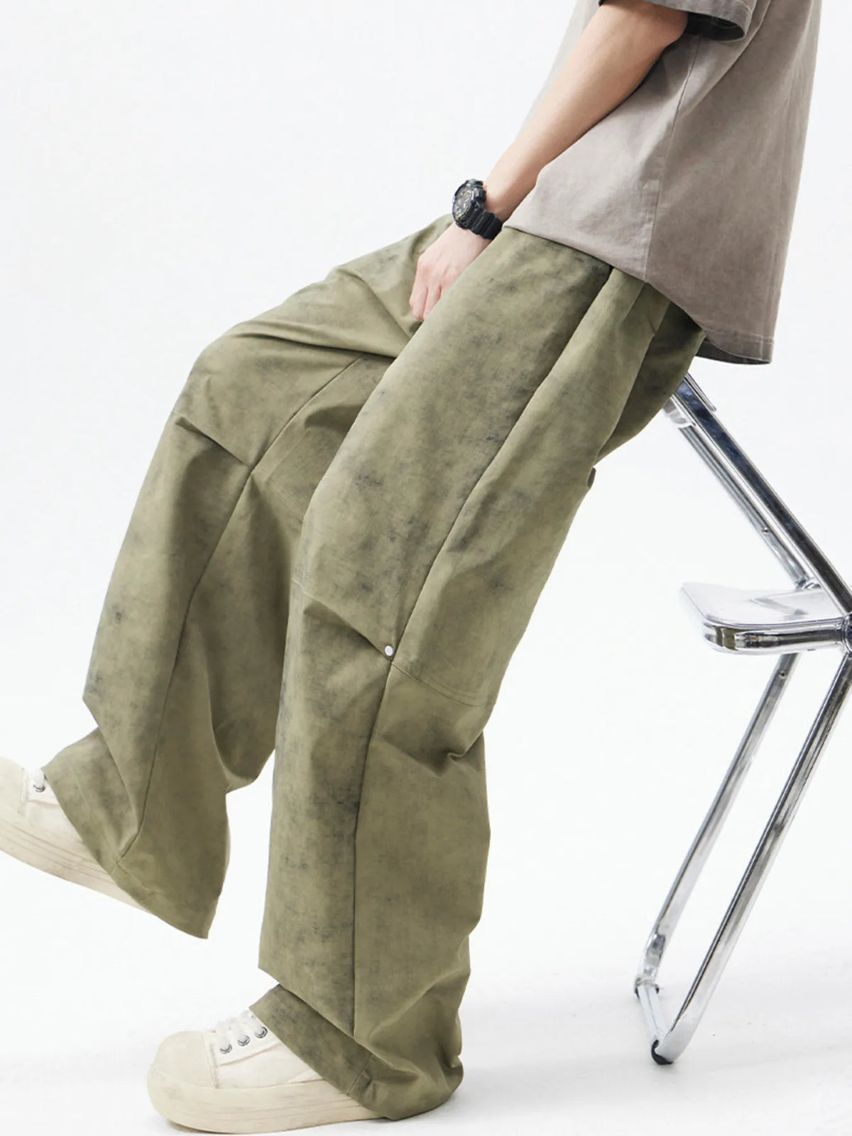Men's Drawstring Wide Leg Pants in Green, view 5